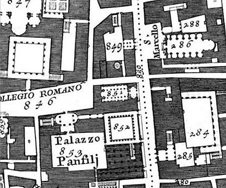 Santa Maria in Via Lata (nummer 851) på Giovanni Battista Nollis karta över Rom från år 1748.