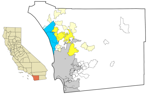North County cities (blue and yellow) and census-designated places (pale blue and cream). Certain neighborhoods in northern San Diego may also be considered part of North County.