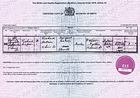 A Northern Irish birth certificate.