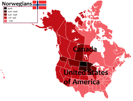 A map of North America, with the percentage of Canadians and Americans of Norwegian descent in each province, territory and state in Canada and the U.S.