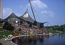 "Theatron" in the mid-1970s, at that time still without a stage construction Olympiasee in Muenchen 1000.jpg