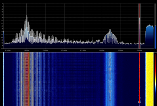 Spectrum above and waterfall (Spectrogram) below of an 8MHz wide PAL-I Television signal.