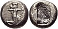Siclo do tipo II (rei lanzando frecha), do tempo de Darío I a Xerxes I. Ca. 505-480 a. de C..