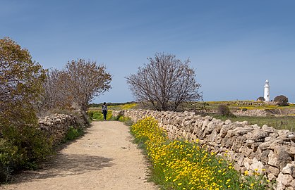 Path at Paphos Archaeological Park with the lighthouse off in the distance, Cyprus