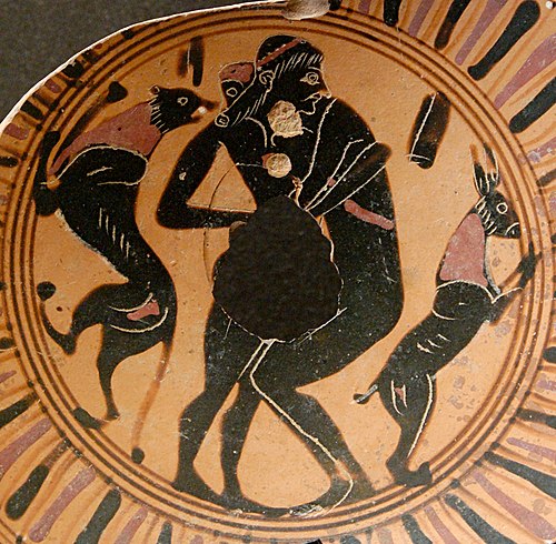 Young man and adolescent engaging in intercrural sex, fragment of a black-figure Attic cup, 550 BC–525 BC, Louvre