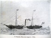The steamship Il Piemonte, one of the two steamships, that transported the Thousand to Sicily Piemonte nave dei Mille.jpg