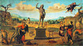 Prometheus als Schöpfer auf einem Truhenbild von Piero di Cosimo, 1510/1515. In der Mitte auf dem Sockel die geformte Figur, links Epimetheus, rechts Prometheus. Alte Pinakothek, München