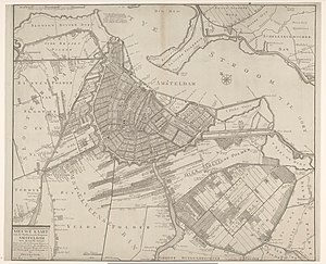 Oude kaart van Amsterdam (1772) met de Sint Antoniesdijk