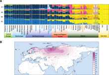 Population structure of Uralic-speaking populations inferred from ADMIXTURE analysis on autosomal SNPs in Eurasian context. Ugric-ancestry is represented by the Khanty and Mansi people. Population structure of Uralic-speaking populations.png