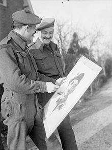 Private F.T.V. Savard shows Lieutenant-Colonel J.D. Stewart, Commanding Officer of The Argyll and Sutherland Highlanders of Canada, a portrait of Colonel Stewart which he is painting, Elshout, Netherlands, 17 December 1944. Portrait of Colonel Stewart.jpg