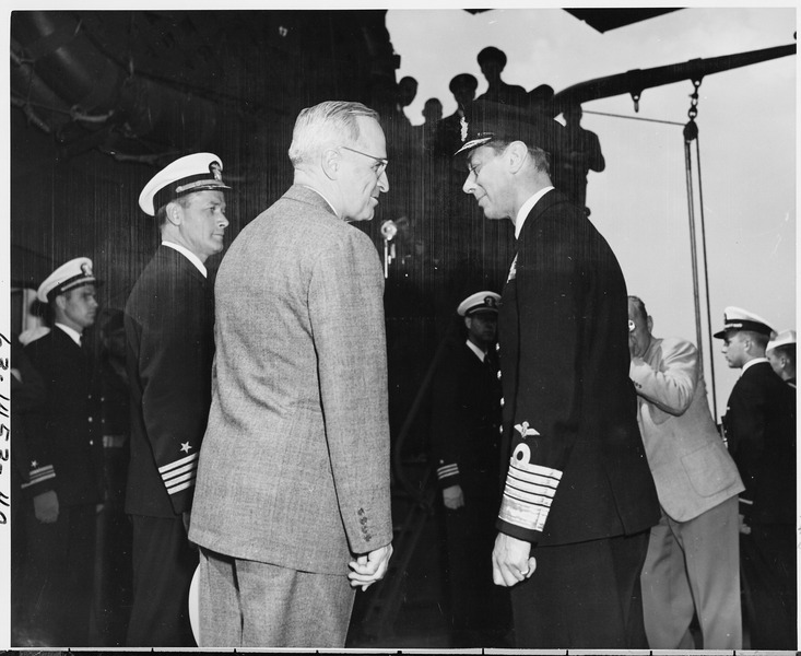 File:President Harry S. Truman and King George VI of England aboard the U. S. S. Augusta off the coast of Plymouth... - NARA - 198720.tif