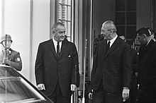 German Chancellor Kurt Georg Kiesinger (right) was a former member of the Nazi Party. President Johnson (USA) had besprekingen met Kiesinger te Bonn, Johnson en Kiesi, Bestanddeelnr 920-2595.jpg