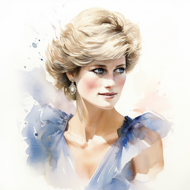 Watercolor painting of a very young Princess Diana, dress very fancily. It shows her décolletage and above.  