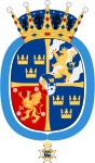 Prinsessans heraldiska vapen som prinsessa av Sverige och hertiginna av Östergötland. Vapnet är omhängt av Serafimerorden.[26]