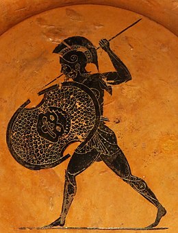 Armoured warrior on a plate acribed to Psiax, circa 510 BC, found in the sanctuary of Zeus at Olympia, Antikensammlung Berlin. Psiax-Plate1.JPG