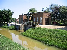 The pumping station for the South Fen. The buildings carry the dates 1946 (left) and 1976 (right).