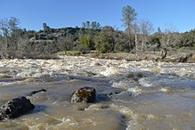 High Flows along Putah Creek in March 2018. The flows in this picture are approximately 5000 cfs above Lake Berryessa