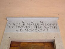 Dedicatory plaque at Santa Maria Madre della Provvidenza a Monte Verde, Rome, with Latin text Providentiae Matris Q12 Gianicolense - S. Maria Madre della Provvidenza 3.JPG