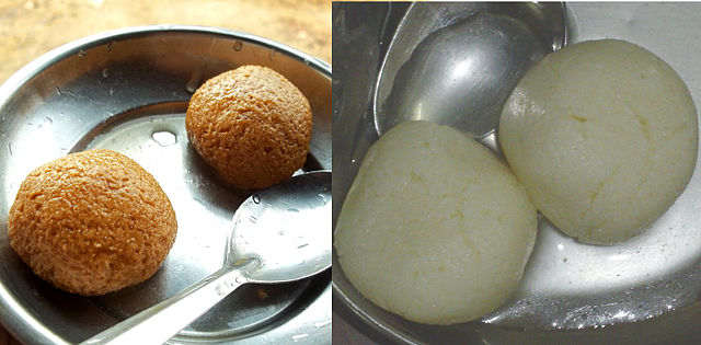 Pahala rasagolas from Odisha (left) and Bengali roshogollas from West Bengal (right)