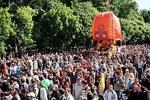 Crowds celebrating Ratha Yatra in Moscow.