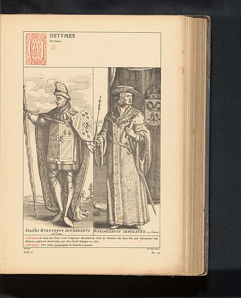 File:Reproductie van twee ontwerpen van kostuumprenten met Jan zonder Vrees en Keizer Maximiliaan I door Emanuel van Meteren Costumes, XVe Siècle (titel op object), RP-F-2001-7-1739-58.jpg