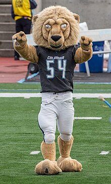Roar-ee the Lion at a Cornell v. Columbia football game, 2018 Roaree the Lion, Columbia University mascot (cropped).jpg