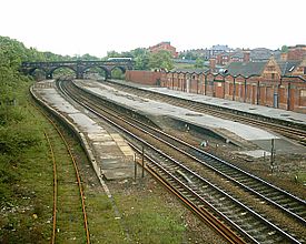 Rotherham Masborough Station in 2004, 16 years after closure. Rotherham Masborough Station 06-05-04.jpg