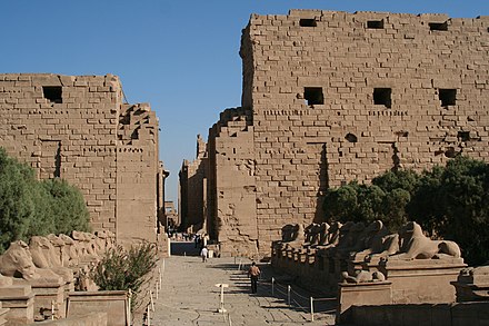 The main entrance to Karnak flanked by ram-headed sphinxes