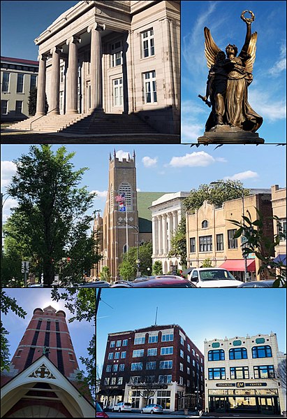 Clockwise from top left: Rowan County Courthouse, Fame statue, St. John's Lutheran Church, Farmers & Merchants Bank, the Bell Tower Green