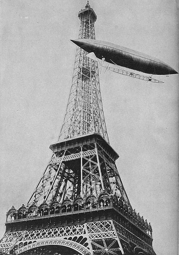 Santos Dumont circling the Eiffel Tower with the airship number 5 on 13 July 1901: This photograph is often erroneously identified as the airship numb