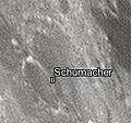 English: Schumacher lunar crater as seen from Earth with satellite craters labeled