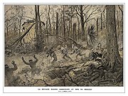 illustration of Maines chasing German soldiers through a forest shattered by artillery, one Marine centered is stabbing a German through the chest with a bayonet