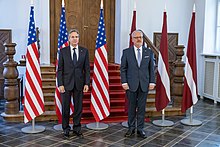 Levits with U.S. Secretary of State Antony Blinken during Blinken's visit to Latvia in 2022 Secretary Blinken Meets With Latvian President Levits (51930474468).jpg