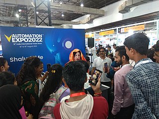 Shalu speaking to her fans at International Automation Expo 2022 Shalu n Fans.jpg