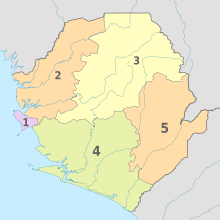 Sierra Leone, administrative divisions - Nmbrs - colored 2018.svg