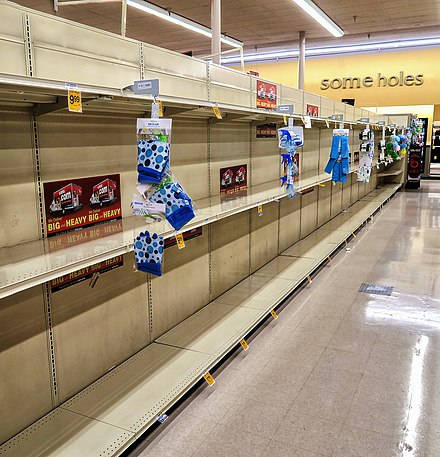 Empty shelves in the paper goods section at a Southern California grocery store on April 4 Some Holes.jpg