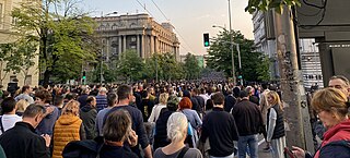 Demonstrators protesting in the Kneza Miloša Street on 19 May 2023