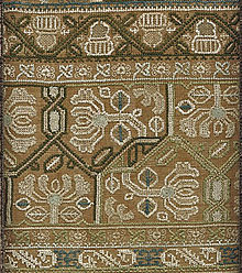 Detail of a band sampler on buff linen, c. 1660. Stuart band sampler detail 2.jpg