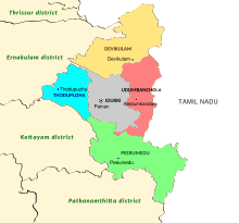 Taluks in Idukki district with their headquarters Subdistricts of Idukki (2020).svg