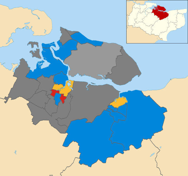 Map of the results of the 2008 Swale Borough Council election. Conservatives in blue, Liberal Democrats in yellow, Labour in red and Sheppey First in grey. Wards in dark grey were not contested in 2008.