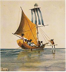 Tahitian sailing canoes, c. 1846 and 1847 Tahitian sailing canoes, painting by Henry Byam Martin.jpg