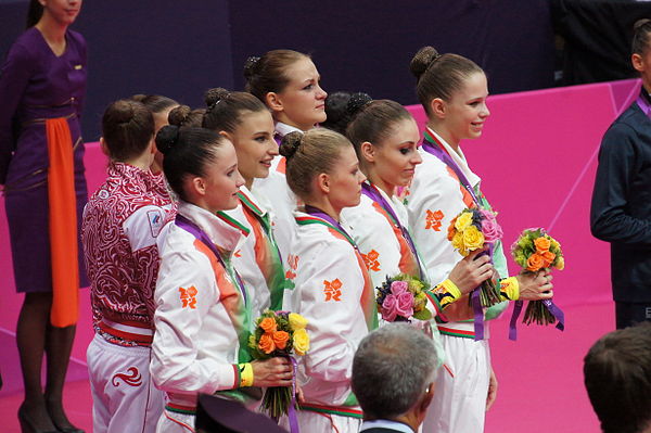 Belarus takes the silver medal in team-all around rhythmic gymnastics.