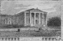 Illustratie van de Tempel van Genève Uniek, volgens een ansichtkaart, rond 1870