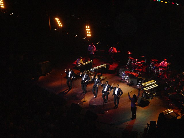 The Temptations on stage at London's Royal Albert Hall, November 2005. Pictured L-R: Joe Herndon, Otis Williams, G.C. Cameron, Terry Weeks, and Ron Ty