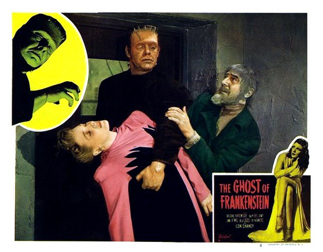 Lobby card with Lon Chaney Jr., Ankers and Bela Lugosi in The Ghost of Frankenstein (1942)