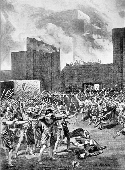 The Gutians capturing a Babylonian city, as the Akkadians are making a stand outside of their city. 19th century illustration.