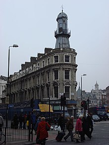 The Lighthouse Block, at Nos. 295-297 Pentonville Road, is named after the distinctive structure at the top of the building. The Lighthouse Block, 297 Pentonville Road - geograph.org.uk - 753793.jpg