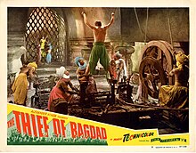 Lobby card for The Thief of Bagdad (1940), which used new matte painting techniques for use with Technicolor The Thief of Bagdad (1940).jpg