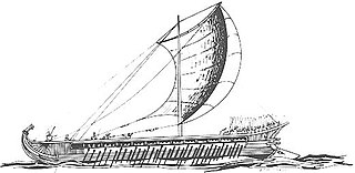 sketch of an ancient Greek sailing trireme with the sail extended