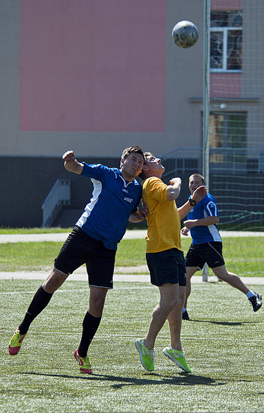 File:U.S. Navy Gunner's Mate 2nd Class Josh Despard, center, assigned to the U.S. 6th Fleet command ship USS Mount Whitney (LCC 20), competes in a soccer game against the Latvian navy soccer team June 9, 2013, during 130609-N-ZL691-047.jpg